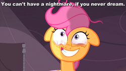 Size: 880x495 | Tagged: safe, screencap, scootaloo, sleepless in ponyville, the cutie map, caption, image macro, in our town, meme, solo, you can't have a nightmare if you never dream