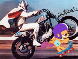 Size: 1200x900 | Tagged: safe, scootaloo, human, pegasus, pony, evel knievel, female, filly, motorcycle, orange coat, wings