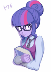 Size: 849x1200 | Tagged: safe, artist:rikusiki, sci-twi, twilight sparkle, equestria girls, friendship games, book, glasses, pixiv, solo