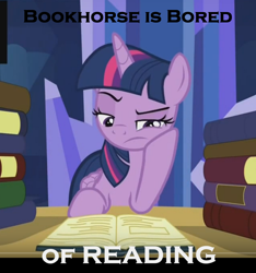 Size: 720x770 | Tagged: safe, screencap, twilight sparkle, twilight sparkle (alicorn), alicorn, pony, made in manehattan, book, bookhorse, bored, female, grumpy, grumpy twilight, image macro, irony, mare, meme, reading, xk-class end-of-the-world scenario