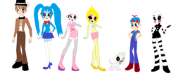 Size: 1280x560 | Tagged: safe, artist:diamond23jewel, equestria girls, balloon boy, base used, belly button, clothes, crossover, eqg promo pose set, five nights at freddy's, mangle, marionette, midriff, skirt, toy bonnie, toy chica, toy freddy