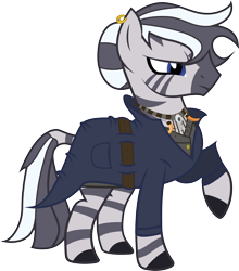 Size: 2424x2760 | Tagged: safe, artist:duskthebatpack, oc, oc only, oc:asya, zebra, clothes, coat, earring, female, frown, glare, mare, necklace, raised hoof, simple background, solo, transparent background, vector