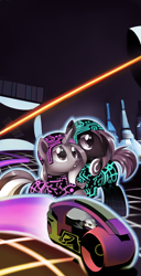 Size: 1024x1994 | Tagged: safe, artist:centchi, oc, oc only, oc:blank canvas, oc:hoof beatz, oc:mane event, bronycon, bronycon 2015, bronycon mascots, crossover, disney, futuristic, hoofevent, lightcycle, tron