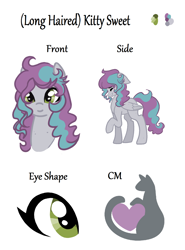 Size: 1444x1952 | Tagged: safe, artist:hippykat13, oc, oc only, oc:kitty sweet, pegasus, pony, alternate hairstyle, curly hair, cute, freckles, long hair, long mane, ponysona, reference sheet, solo