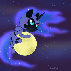 Size: 1000x1000 | Tagged: safe, artist:empyu, nightmare moon, anthro, chibi, moon, night, solo, stars, tangible heavenly object