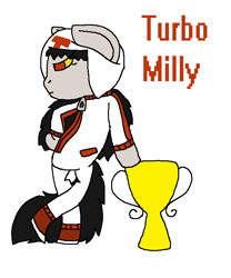 Size: 636x766 | Tagged: safe, artist:nyctoscoto, oc, oc only, oc:milly, pony, bipedal, bipedal leaning, clothes, costume, crossover, solo, trophy, turbo, wreck-it ralph