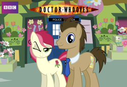 Size: 1920x1324 | Tagged: safe, artist:ryan1942, doctor whooves, roseluck, doctor who, doctorrose, female, male, necktie, shipping, straight, tardis, wink