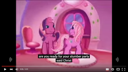 Size: 854x480 | Tagged: safe, screencap, cheerilee (g3), pinkie pie (g3), g3, cheerilee's pajama party, jesus christ, meet the ponies, meme, youtube caption