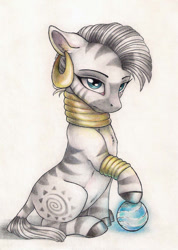 Size: 500x702 | Tagged: safe, artist:dearmary, zecora, zebra, crystal ball, looking at you, solo, traditional art