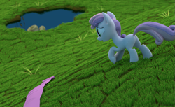 Size: 1763x1080 | Tagged: safe, artist:3d thread, sweetie belle, /mlp/, 3d, 3d model, blender, clothes, dumb fabric, fabric, field, grass, pond, scene interpretation, solo, worried