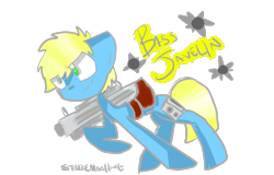 Size: 1000x640 | Tagged: safe, artist:strikemachine, oc, oc only, oc:bass javelin, gun, saddle, solo