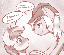 Size: 1077x915 | Tagged: safe, artist:pezzhippo, braeburn, double diamond, earth pony, pony, the cutie map, blushing, braediamond, eye contact, gay, looking at each other, male, senpai, shipping, stallion, sweat