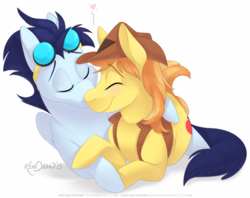 Size: 784x621 | Tagged: safe, artist:kendraw, braeburn, soarin', earth pony, pegasus, pony, cuddling, cute, eyes closed, gay, goggles, happy, hat, heart, kissing, male, prone, shipping, soarburn