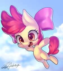 Size: 3201x3586 | Tagged: dead source, safe, artist:jggjqm522, apple bloom, earth pony, pony, bow, falling, female, filly, hair bow, solo