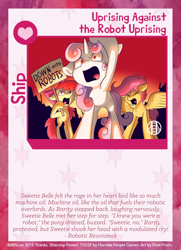 Size: 788x1088 | Tagged: safe, artist:pixel-prism, apple bloom, scootaloo, sweetie belle, sweetie bot, earth pony, pony, robot, robot pony, unicorn, cutie mark crusaders, eyes closed, female, filly, floppy ears, foal, hooves, horn, open mouth, raribot, ship card, spread wings, text, trio, twilight sparkle's secret shipfic folder, wings