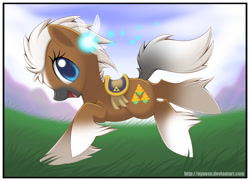 Size: 1036x748 | Tagged: safe, artist:nyaasu, earth pony, pony, crossover, epona, fairy, female, fluffy, mare, navi, ponified, solo, the legend of zelda, unshorn fetlocks