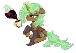 Size: 1485x1031 | Tagged: safe, artist:equie, oc, oc only, oc:equie, alicorn, pony, alicorn oc, coffee, glowing horn, magic, messy mane, morning ponies, simple background, sleepy, solo, telekinesis, transparent background