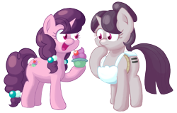 Size: 1049x666 | Tagged: safe, artist:mrponiator, sugar belle, the cutie map, apron, clothes, cupcake, duality, equal cutie mark, equalized, open mouth, raised hoof, self ponidox, simple background, transparent background
