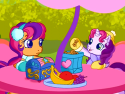 Size: 640x480 | Tagged: safe, screencap, scootaloo, scootaloo (g3), sweetie belle (g3), g3.5, twinkle wish adventure, clothes, cookie, dexterous hooves, holding, implications, wat