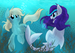 Size: 2000x1400 | Tagged: safe, artist:itstaylor-made, oc, oc only, oc:sea charm, oc:stream skimmer, merpony, freckles, puffy cheeks, underwater