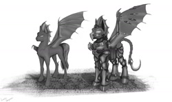Size: 1280x762 | Tagged: safe, artist:lucky dragoness, oc, oc only, bat pony, pony, fallout equestria, armor, monochrome, steel ranger