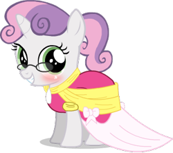 Size: 361x319 | Tagged: artist needed, source needed, safe, sweetie belle, alternate hairstyle, blushing, clothes, coronation dress, cute, diasweetes, dress, glasses, ponytail, solo