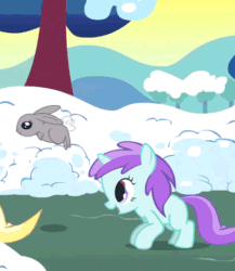 Size: 416x480 | Tagged: safe, screencap, dinky hooves, liza doolots, petunia, tootsie flute, rabbit, winter wrap up, animated, cute, daaaaaaaaaaaw, eyes closed, filly, jumping, open mouth, pronking, singing, smiling, snow, tootsie cute, winter wrap up song