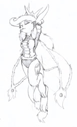 Size: 1174x1920 | Tagged: safe, artist:eow, oc, oc only, oc:charla vouhn arkidyom, anthro, dracony, dragon, hybrid, armor, armpits, barely pony related, cutie mark, fanfic art, halo, mantle, monochrome, ponytail, solo, traditional art