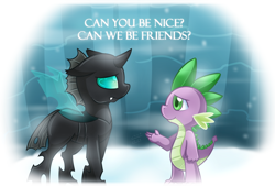 Size: 1400x947 | Tagged: safe, artist:vavacung, spike, thorax, changeling, dragon, the times they are a changeling, floppy ears, frown, looking at each other, male, sad, smiling, snow