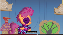 Size: 861x484 | Tagged: safe, screencap, scootaloo, meme, show stopper outfits, solo, vulgar, youtube caption