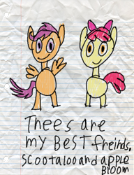 Size: 600x783 | Tagged: safe, artist:fonypan, artist:sweetie belle, apple bloom, scootaloo, lined paper, quality, solo, stylistic suck, sweetie's jurnal, tumblr