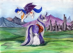 Size: 1000x727 | Tagged: safe, artist:karja, oc, oc only, oc:bartoka, oc:reliquary, bat pony, pony, unicorn, archaeology, colored, explorers, glasses, long feather, outdoors, pinto, ruins, traditional art, travel, unshorn fetlocks, watercolor painting