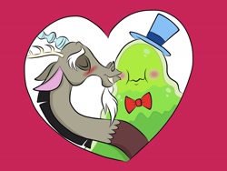 Size: 2048x1536 | Tagged: safe, artist:fiona brown, discord, smooze, make new friends but keep discord, blushing, heart, kissing, shipping, smoozcord