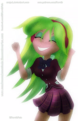 Size: 1650x2550 | Tagged: safe, artist:faroth, artist:xonjad, lemon zest, equestria girls, friendship games, clothes, dancing, happy, headphones, miniskirt, skirt, smiling, solo