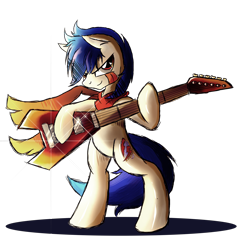 Size: 1984x2028 | Tagged: safe, artist:ruhisu, oc, oc only, oc:razoredge, earth pony, pony, bipedal, clothes, electric guitar, guitar, male, scarf, smiling, solo, stallion