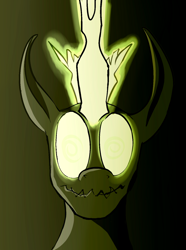 Size: 1216x1636 | Tagged: safe, artist:gapaot, changeling, changeling queen, big ears, glowing eyes, glowing horn, gradient background, shadow