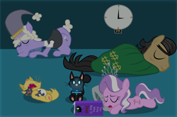 Size: 1000x661 | Tagged: safe, artist:magerblutooth, diamond tiara, filthy rich, randolph, oc, oc:dazzle, oc:peal, cat, earth pony, pony, alternate cutie mark, book, clock, drool, filly, male, pillow, sleeping, stallion