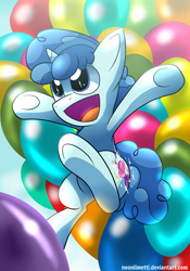 Size: 1024x1463 | Tagged: safe, artist:neoncel, party favor, pony, balloon, cute, favorbetes, open mouth, solo, underhoof, wingding eyes