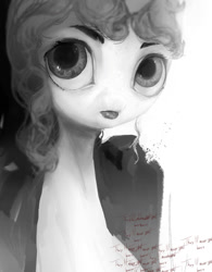 Size: 701x900 | Tagged: safe, artist:php90, sweetie belle, alone, depth of field, eyebrows, long neck, monochrome, no nose, shading, solo, uncanny valley