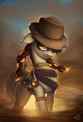 Size: 3750x5476 | Tagged: safe, artist:rain-gear, oc, oc only, bandolier, bullet belt, gun, hat, solo