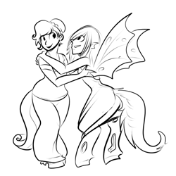 Size: 600x600 | Tagged: safe, artist:sterks, oc, oc only, oc:mistake, oc:sapphire belle, changeling, satyr, female, hug, monochrome, offspring, parent:anon, parent:queen chrysalis, parent:rarity