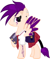 Size: 581x677 | Tagged: safe, artist:kaleidoscopecolor, oc, oc only, oc:nova, bag, book, clothes, ear piercing, necktie, piercing, school uniform, schoolgirl, shirt, skirt, solo, tattoo