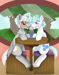 Size: 668x844 | Tagged: safe, artist:glitchyraptor, double diamond, oc, oc:ticker, earth pony, pegasus, pony, blushing, canon x oc, gay, male, milkshake, sitting, stallion