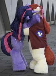 Size: 600x817 | Tagged: safe, apple bloom, twilight sparkle, clothes, cosplay, costume, female, fursuit, irl, kissing, lesbian, photo, shipping, twibloom