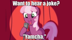 Size: 1280x720 | Tagged: safe, artist:equestria-prevails, edit, cheerilee, earth pony, pony, cheerilee pun, curtain, dragon ball z, exploitable, exploitable meme, female, green eyes, happy, hoof hold, looking down, mare, meme, microphone, open mouth, pun, shading, smiling, solo, spotlight, standing, template, text, the worf effect, totally radical, two toned mane, two toned tail, yamcha