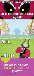 Size: 501x1097 | Tagged: safe, lord tirek, comic, exploitable meme, golden oaks library, image macro, life without ponies, meme, ponyville, the hub, tirek vs everyone meme