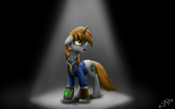 Size: 1920x1200 | Tagged: safe, artist:setharu, oc, oc only, oc:littlepip, pony, unicorn, fallout equestria, clothes, cutie mark, dark, fanfic, fanfic art, female, floppy ears, hooves, horn, mare, open mouth, pipbuck, signature, solo, spotlight, standing, teeth, vault suit