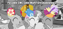 Size: 1340x618 | Tagged: safe, edit, edited screencap, screencap, apple bloom, scootaloo, sweetie belle, earth pony, pegasus, pony, unicorn, make new friends but keep discord, clothes, cutie mark, cutie mark crusaders, dress, eyes closed, female, filly, foal, foreshadowing, gala dress, grand galloping gala, hilarious in hindsight, jossed, speculation, trio, we were trolled