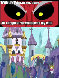 Size: 650x854 | Tagged: safe, lord tirek, a better ending for tirek, bad end, canterlot, crossing the memes, everything went better than expected, exploitable meme, hub logo, meme, subverted meme, tirek vs everyone meme, tirek wins for once, zig-zagged meme