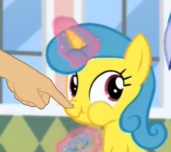 Size: 804x714 | Tagged: safe, edit, edited screencap, screencap, lemon hearts, minuette, amending fences, boop, boop edit, donut, finger, hand, poking, scrunchy face